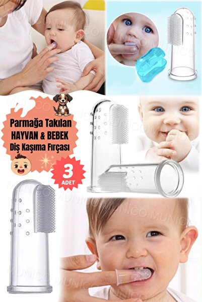 Munico 3 Adet Silikon Bebek Parmak Fırçası Bebek ve Bebekler İçin Hijyenik Di...
