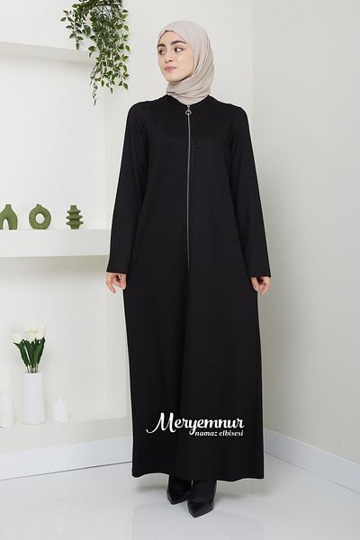 MERYEMNUR Stone Zippered Prayer Dress Two Thread Black