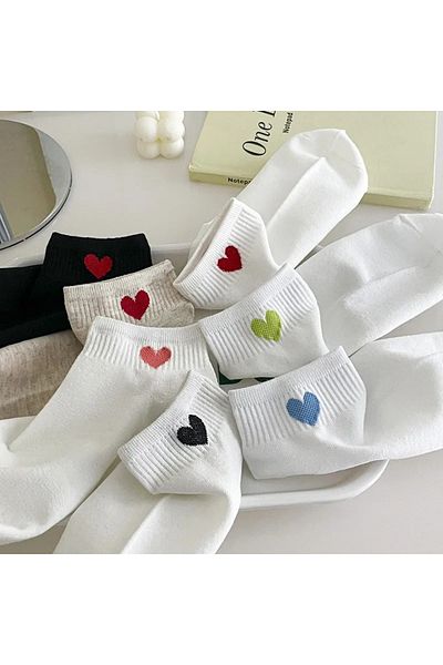 çorapmanya White Unisex College Tennis Socks - 7 Pairs Half Socks Heart Patterned