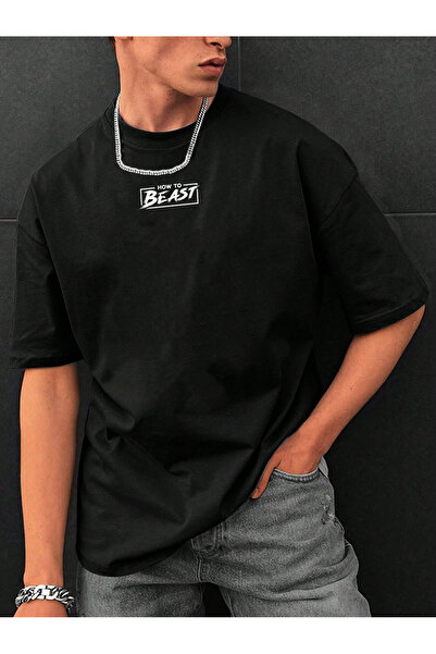 De Carte Men's Oversize Black T-Shirt - Beast Printed, Crew Neck