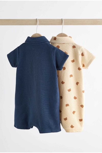 Next Baby 100% Cotton Navy Blue Cream Polo Neck Romper Set of 2