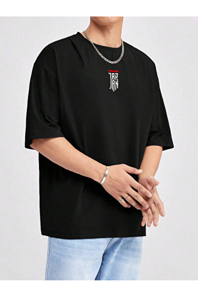 De Carte تي شيرت رجالي ياباني مطبوع من الأمام باللون الأسود كبير الحجم برقبة ...