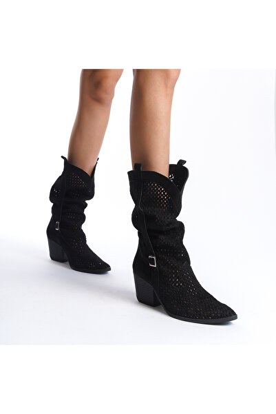 Wildco Western Summer Women's Bellows Boots, Western Cowboy Summer Boots με αγκράφα μαύρο σουέτ, μπότες με χοντρό τακούνι