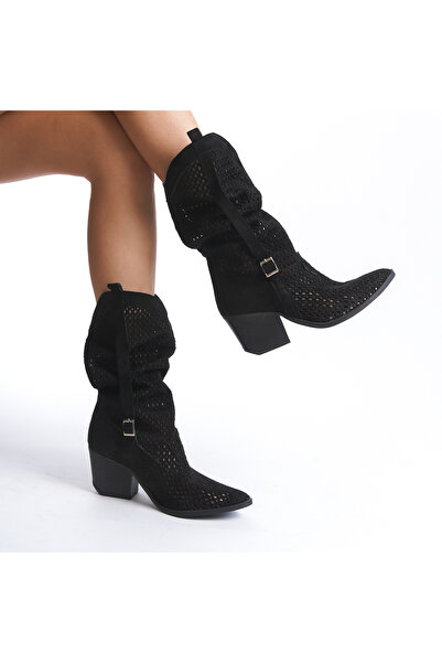 Wildco Western Summer Women's Bellows Boots, Western Cowboy Summer Boots με αγκράφα μαύρο σουέτ, μπότες με χοντρό τακούνι