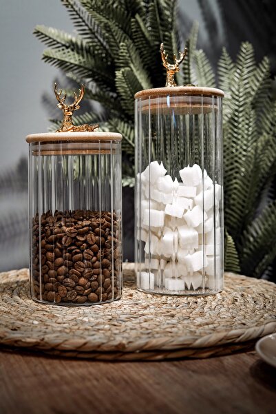 TOPRAK E-TİCARET 2li Set Dekoratif Geyik Kulplu Bambu Vakum Kapaklı Cam Bahar...