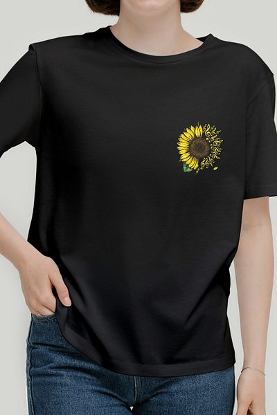 AEMİ Γυναικείο μπλουζάκι Sunflower Back Printed 100% Cotton Quality Oversize Μαύρο T-shirt