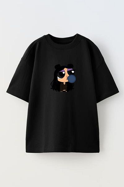 NMG TEKSTİL Black Oversize Cotton - Girl Printed Exploding T-shirt