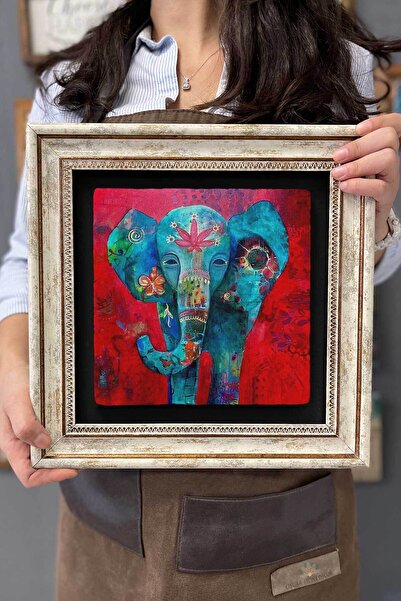 FİNS STONE DECOR Çerçeveli Tablo Taş Duvar Dekoru 30 X 30 Cm Kırmızı Fil Tablosu