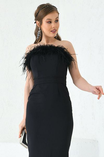 Neşeli Butik Μαύρο Στράπλες Γυναικείο Βραδινό Φόρεμα με Λεπτομέρεια Φτερού NBS003