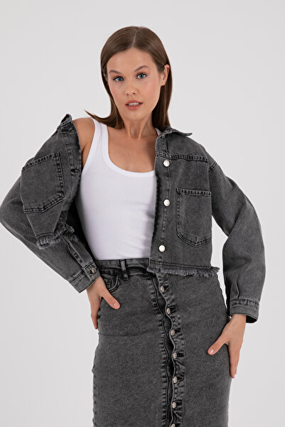 ŞEYDA ERTEM Темно-сірий джинсовий піджак - на ґудзиках спереду і з розрізами ...