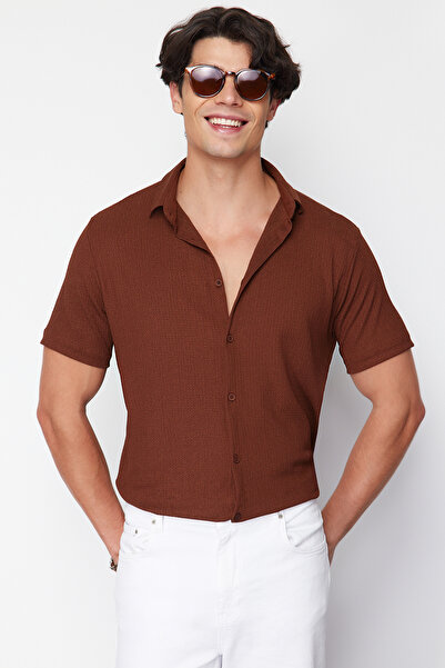 Trendyol Collection Лятна текстурирана плетена риза - кафява, нормална кройка, къс ръкав Tmnss23Go00055