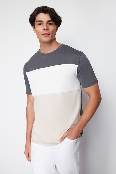 Trendyol Collection Anthrazitfarbenes T-Shirt mit normalem Schnitt und Farbblock, 100 % Baumwolle, TMNSS24TS00076