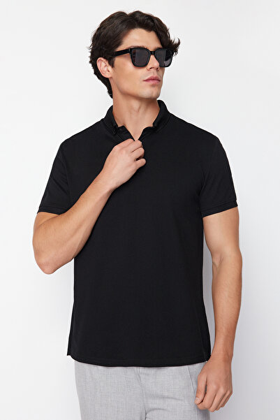 Trendyol Collection Černé tričko Polo s výstřihem Regular/Normal Cut TMNSS24PO00047
