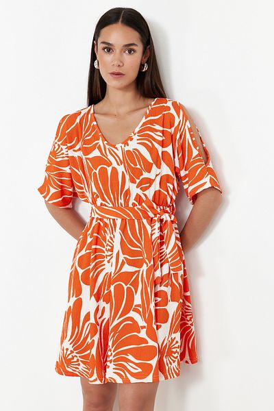 Trendyol Collection Stretchy Midi Knitted Dress - Orange Printed, Relaxed Fit with Pool Collar and Belted TWOSS24EL01016