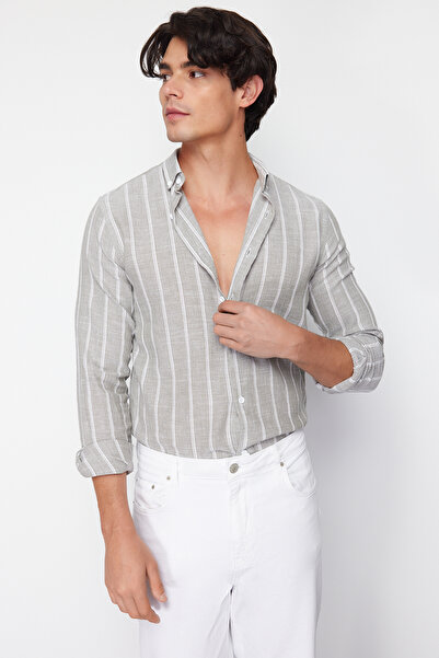 Trendyol Collection Light Khaki Slim Fit Button Collar Striped Shirt Tmnss22Go0028