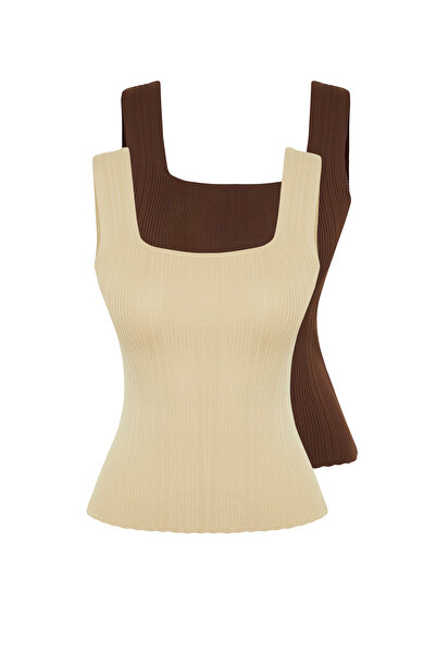 Trendyol Collection Bluzka Stone-Brown Basic Double Pack Top Thin TWOSS24BZ00623