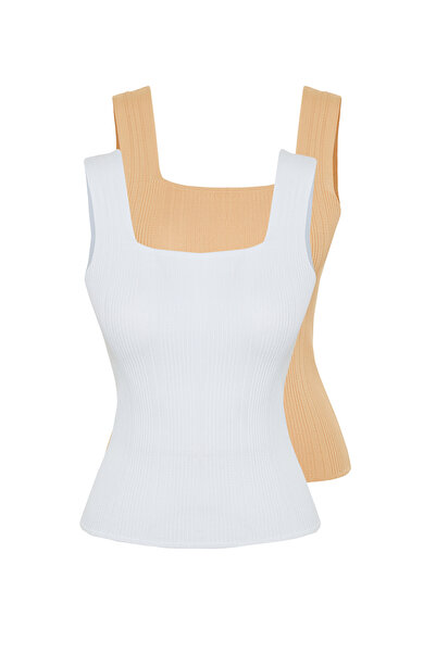 Trendyol Collection Camel-Ecru Basic Διπλή Συσκευασία Top Πλεκτά Λεπτή Μπλούζα TWOSS24BZ00623