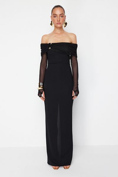 Trendyol Collection Zeynep Tosun černé pletené dlouhé večerní šaty - detaily rukavic a doplňky, šaty pro návrat domů TCLSS24AE00011