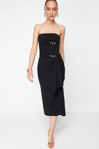 Trendyol Collection Zeynep Tosun Design - Μαύρο αξεσουάρ φιδιού Κομψό βραδινό φόρεμα TCLSS24EL00006