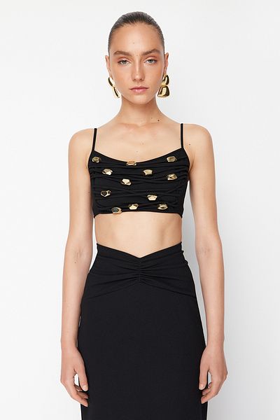 Trendyol Collection X Zeynep Tosun Černý pletený bustier s příslušenstvím TCLSS24BS00005