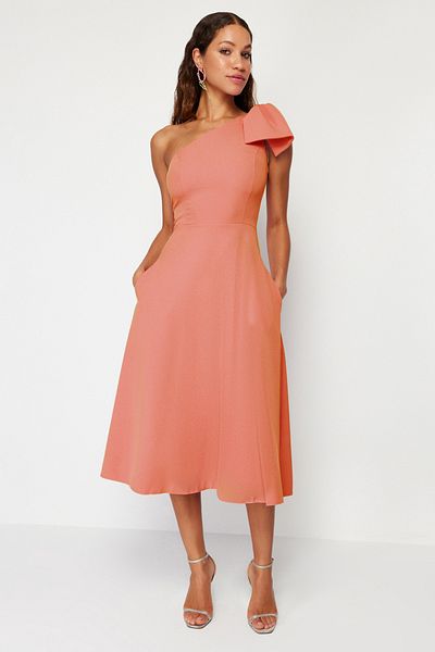 Trendyol Collection Rochie de seară elegantă, țesută portocaliu - TPRSS24EL00105 cu croială în A și detaliu cu fundă
