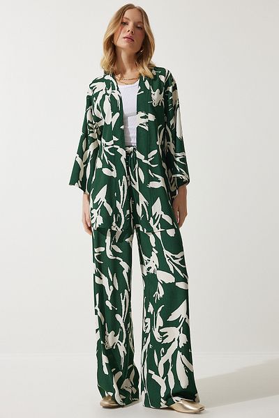 Happiness İstanbul Women's Green Patterned Kimono Palazzo Trousers Set EN00614