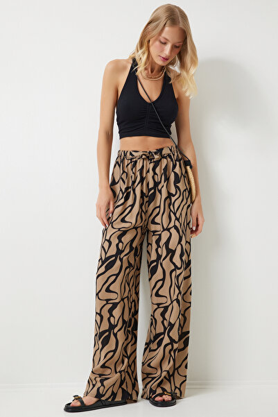 Happiness İstanbul Γυναικείο παντελόνι Viscose Palazzo σε μπεζ μαύρο σχέδιο - EN00606