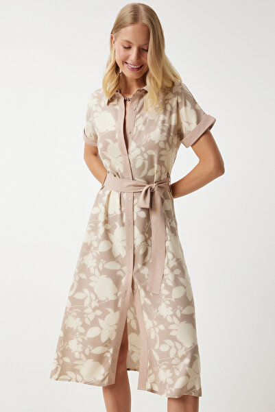 Happiness İstanbul Tenké viskózové dámské šaty s krémovým květinovým vzorem - léto DD01311