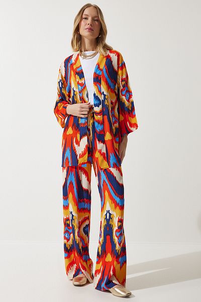 Happiness İstanbul Γυναικείο Σετ Παντελόνι Kimono Palazzo με πορτοκαλί σχέδιο EN00614