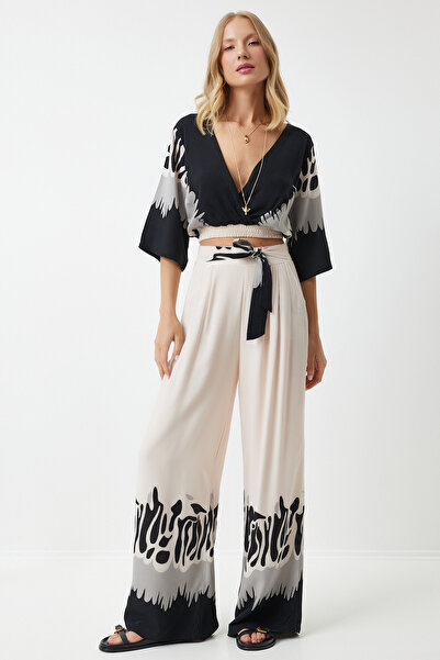 Happiness İstanbul Fekete krémszínű mintás viszkóz női szett - kényelmes CR00438