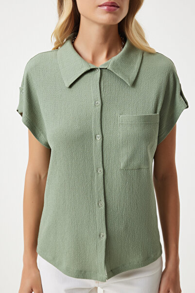 Happiness İstanbul Zelená dámská košile – kapesní a pohodlná, DD01325