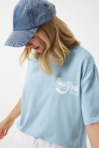 Happiness İstanbul Sky Blue Printed Oversize Women's T-Shirt - DD01326