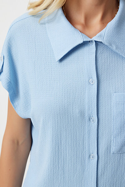 Happiness İstanbul Nebesky modrá pohodlná pletená dámská košile - s kapsami DD01325