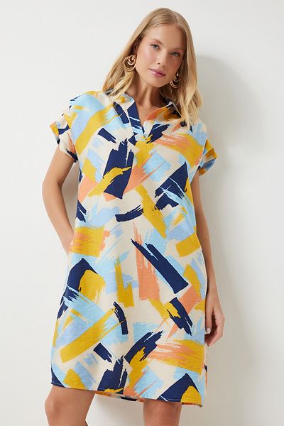 Happiness İstanbul Rochie de vară pentru femei cu model, galben albastru, guler polo - OF00001