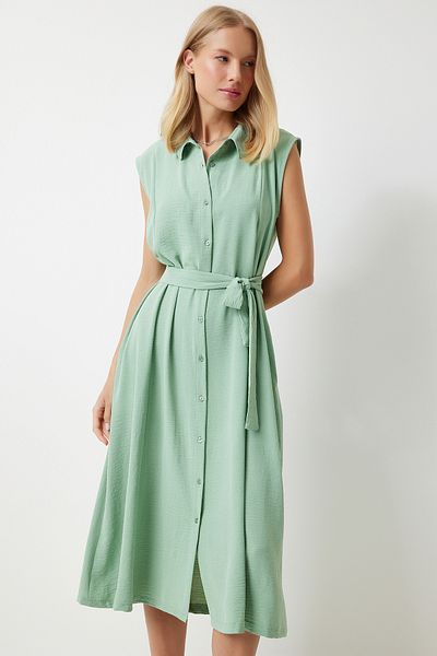 Happiness İstanbul Grünes Sommer-Hemdkleid aus Leinen-Viskose mit Gürtel für Damen DD00927