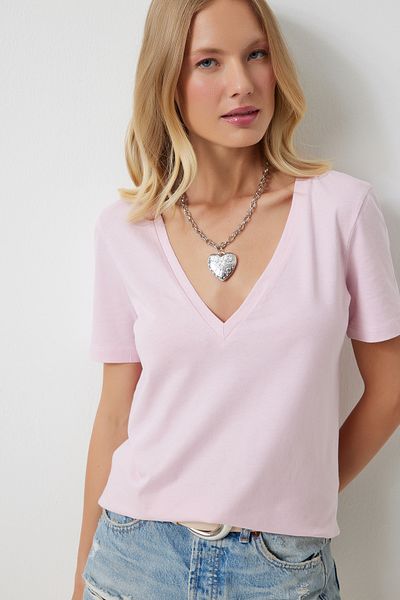 Happiness İstanbul Rosa Strick-T-Shirt mit V-Ausschnitt für Damen - HY00016