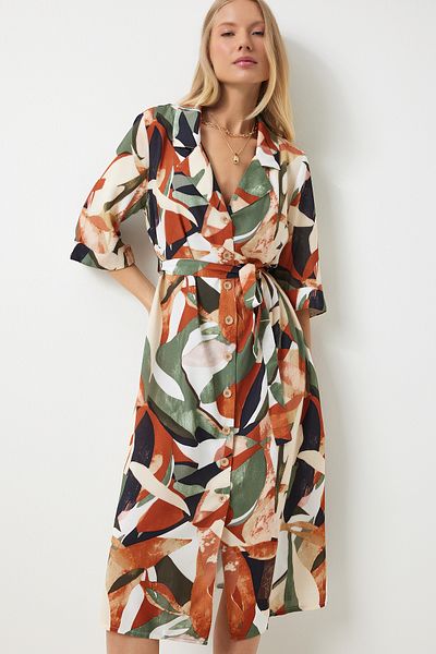 Happiness İstanbul Khakifarbenes Viskose-Hemdkleid – Ziegelmuster, Sommer, MX00166
