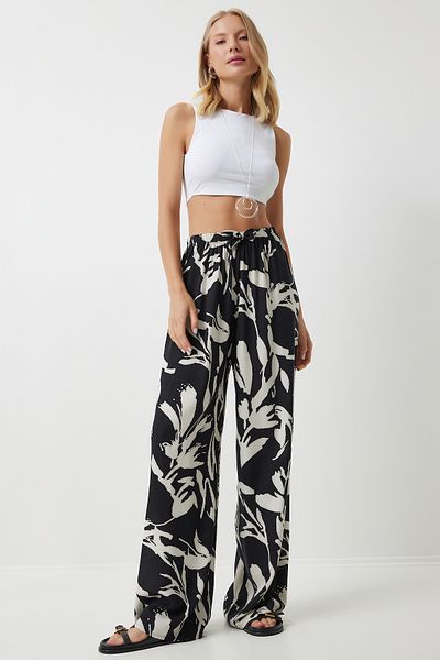 Happiness İstanbul Black and White Patterned Viscose Palazzo Women's Trousers - EN00606