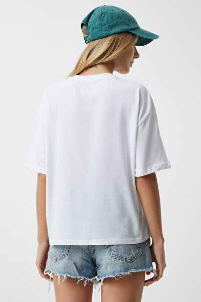 Happiness İstanbul Fehér Oversize női kötött póló - nyomott, DD01326