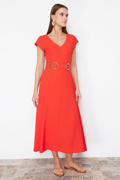 Trendyol Collection Red Belted Skirt Waist Opening Midi Crepe Woven Dress TWOSS24EL00018