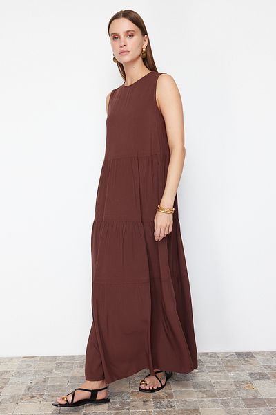 Trendyol Collection Καφέ Shift/Stright Cut Maxi Αμάνικο υφαντό φόρεμα TWOSS20EL1954