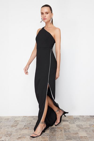 Trendyol Collection Długa czarna tkana suknia wieczorowa - TPRSS24AE00123