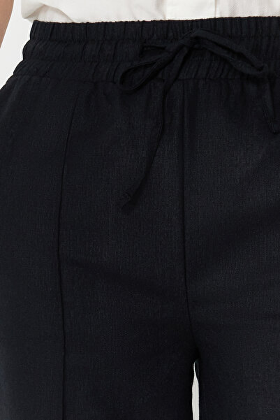 Trendyol Collection Linen Blended Black Pull On Trousers - Elastic Waist TWOSS24PL00144