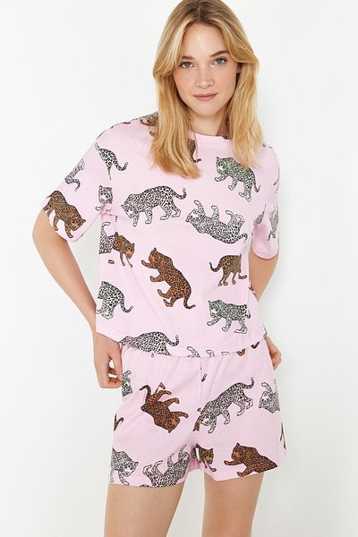 Trendyol Collection Women's Couple/Pair Multicolor 100% Cotton Tiger Print Knitted Pajamas Set with Shorts Thmss24Pt00078