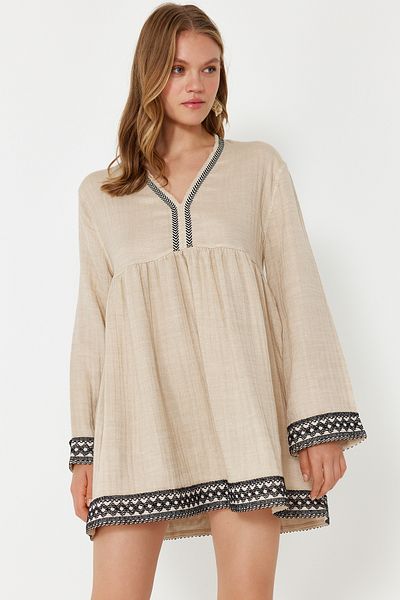 Trendyol Collection Μπεζ Φαρδιά Εφαρμογή Μίνι υφαντό αξεσουάρ μουσελίνας παραλίας TBESS24EL00117