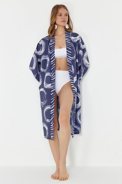 Trendyol Collection Geometric Patterned Belted Mini Woven 100% Cotton Kimono&Kaftan TBESS24KM00051