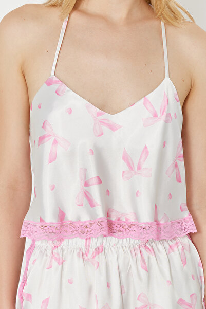 Trendyol Collection Růžová stuha/vzor mašle Krajka Řemínek Provaz Crop Satin Tkané pyžamo Set Thmss22Pt0264