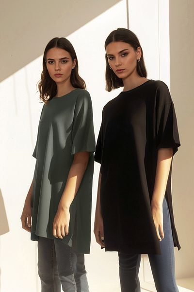 Trendyol Modest Černá-Khaki 2-balení Rozparek Detailní Crew Neck Krátký rukáv Základní pletené tričko TCTSS21UK0009