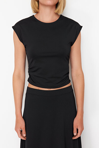 Trendyol Collection Black Knitted Crop Blouse and Skirt Set - Gather Detailed, Regular Waist TWOSS24AU00113