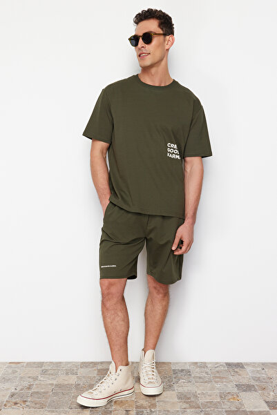 Trendyol Collection Σετ φόρμας από βαμβακερό χακί - Άνετη εφαρμογή, τυπωμένο κείμενο TMNSS23EM00001